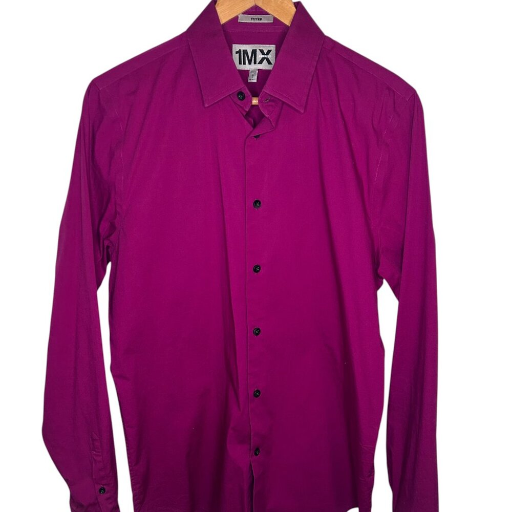 1MX Express Button Up Dress Shirt Mens Medium solid Pink Collared Long Sleeves